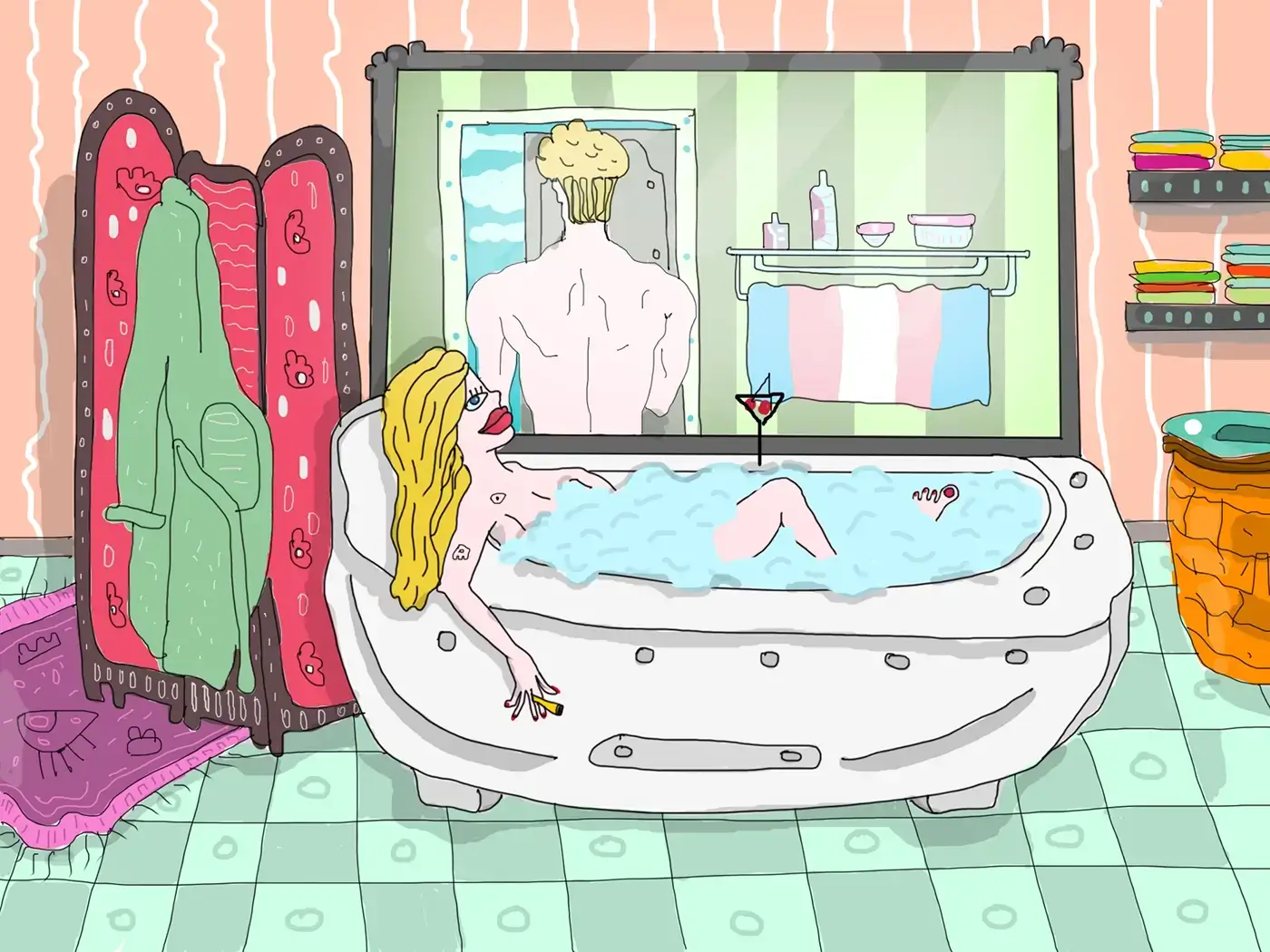 Illustration: A touching portrayal of a woman who, after transitioning from being a man, now finds happiness and fulfillment in her life as a woman. In the bathtub, she revels in her true self, while in the distance, her past self as a man watches contentedly. Created by Milena Stanisavljevic. Explore more at miletart.com.