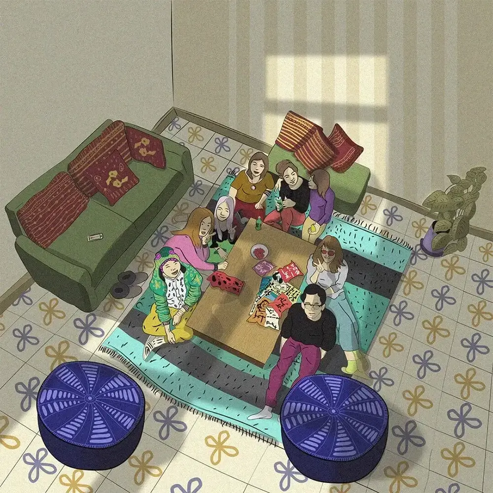 Illustration: A heartwarming depiction of quality time spent with friends in a cozy room. Created by Milena Stanisavljevic. Explore more at miletart.com.