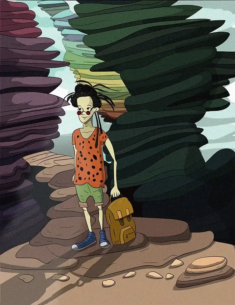 Illustration: A self-portrait featuring a figure walking gracefully on rocky terrain. Created by Milena Stanisavljevic. Explore more at miletart.com.