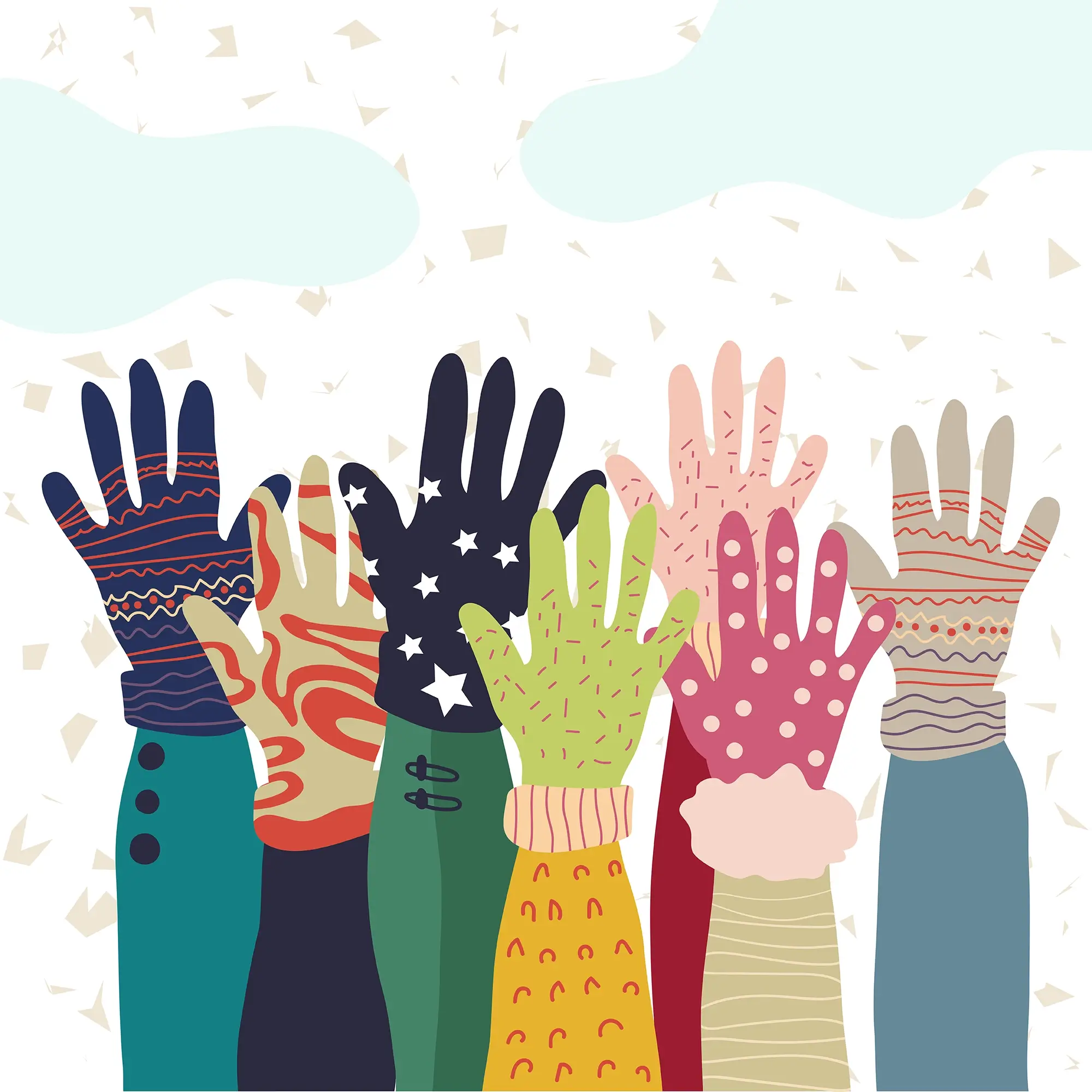Illustration: A symbol of freedom portrayed through raised hands adorned with various models of gloves, celebrating diversity and individuality. Created by Milena Stanisavljevic. Explore more at miletart.com