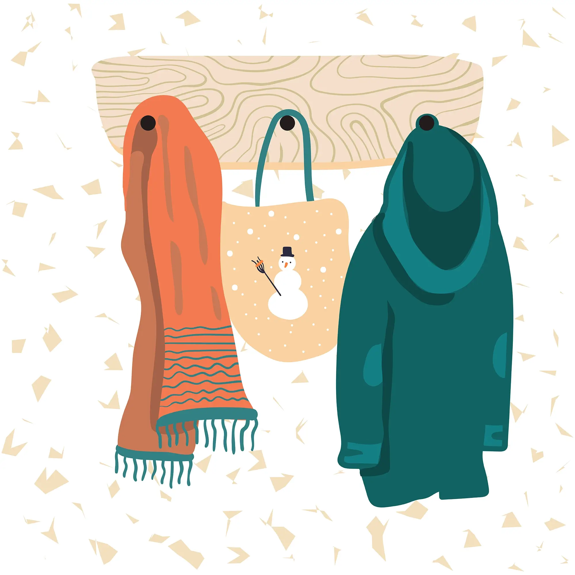 Illustration: A casually arranged bag, jacket, and scarf, each finding its place with an air of practicality. Created by Milena Stanisavljevic. Explore more at miletart.com.