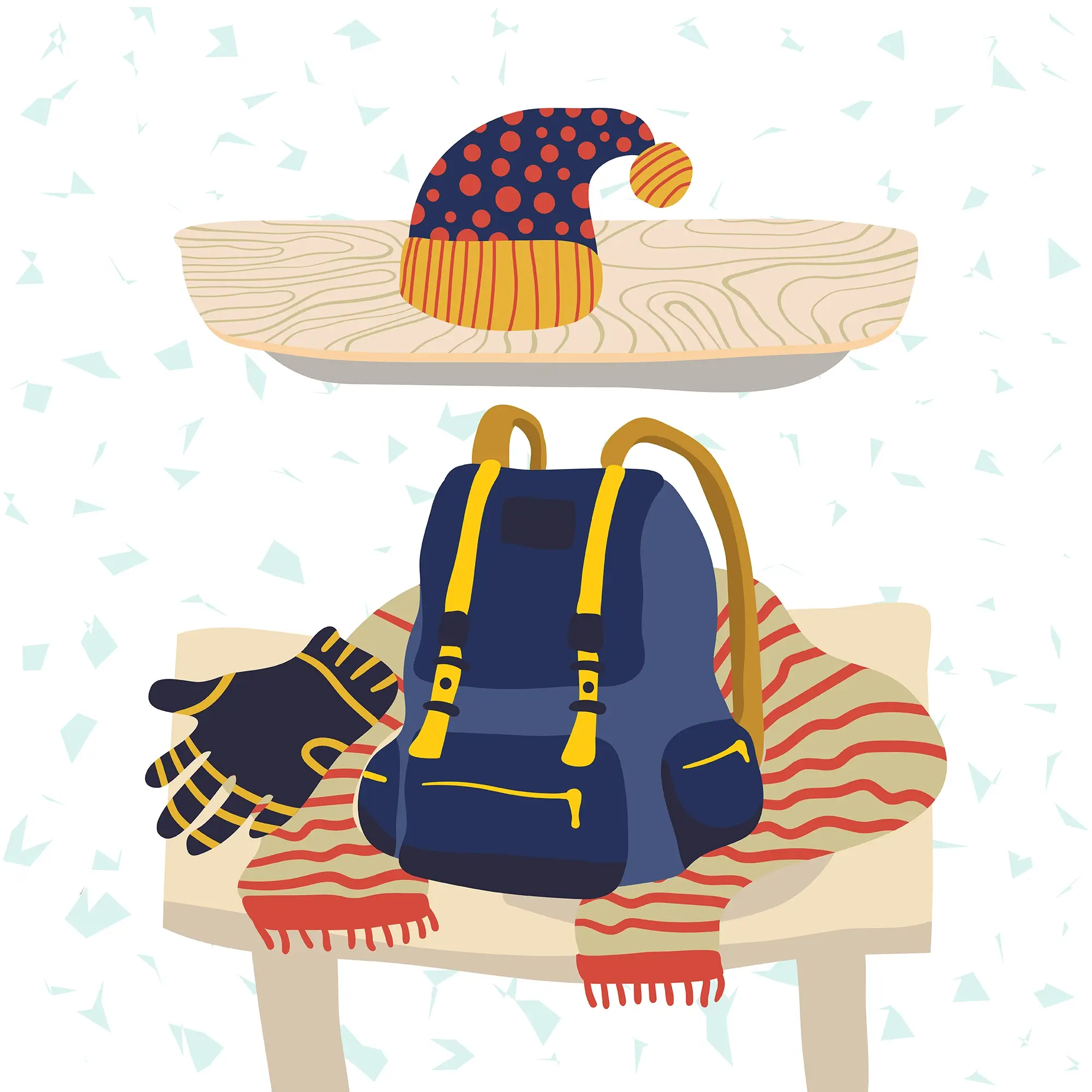 Illustration: A cozy arrangement featuring a winter bag, gloves, scarf, and cap neatly arranged on a shelf. Created by Milena Stanisavljevic. Explore more at miletart.com.